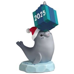 Hallmark Gray Seal Ornament with Blue Gift